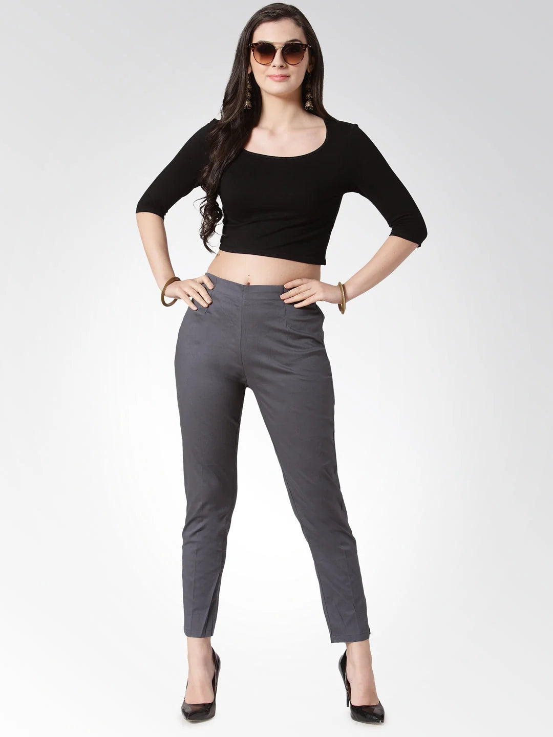 Grey Slim Fit Trousers - Women's Cotton Pencil Pants