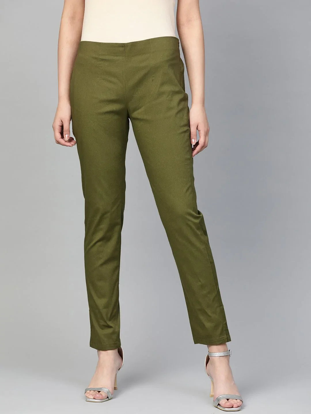 DesiQlo Women Olive Green Smart Slim Fit Solid Regular Trousers ( JOP 2119 Olive )