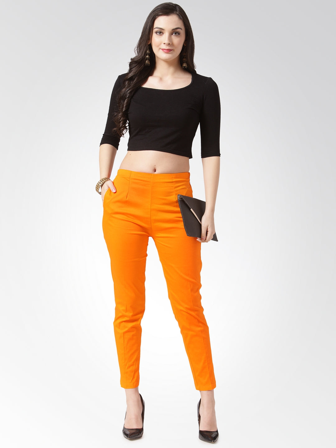 Orange Slim Fit Trousers - Trendy Women's Ethnic Pants