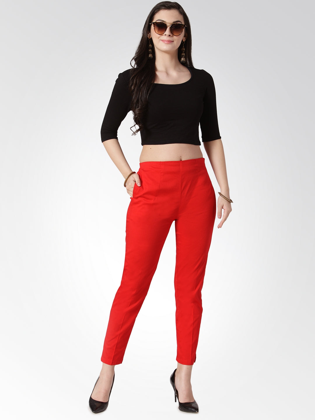 Red Slim Fit Trousers - Women's Designer Ethnic Pants Collection