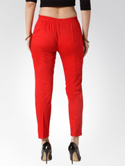 Women Red Smart Slim Fit Solid Regular Trousers