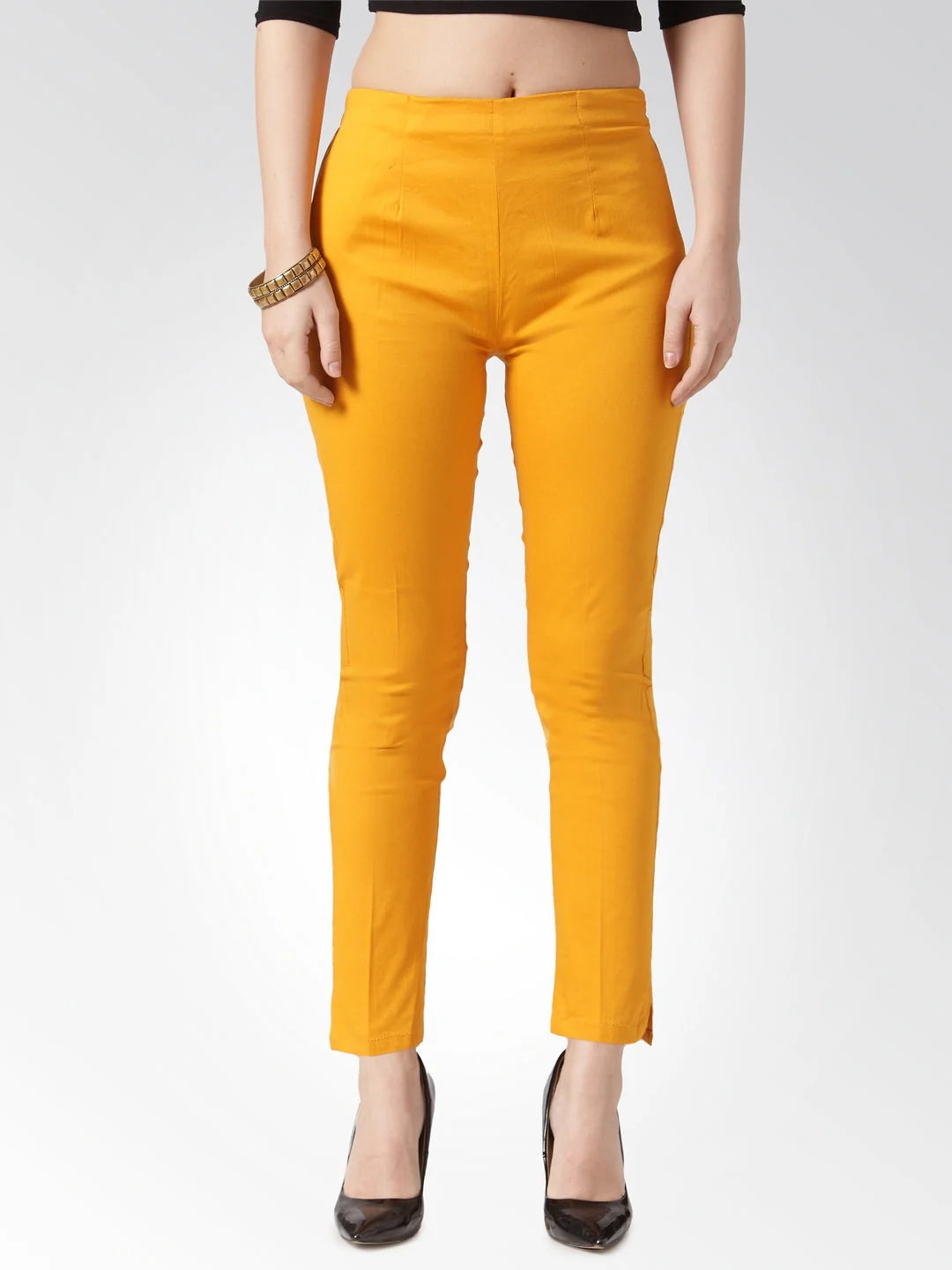 Women Mustard Smart Slim Fit Solid Regular Trousers