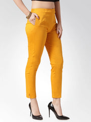 Women Mustard Smart Slim Fit Solid Regular Trousers