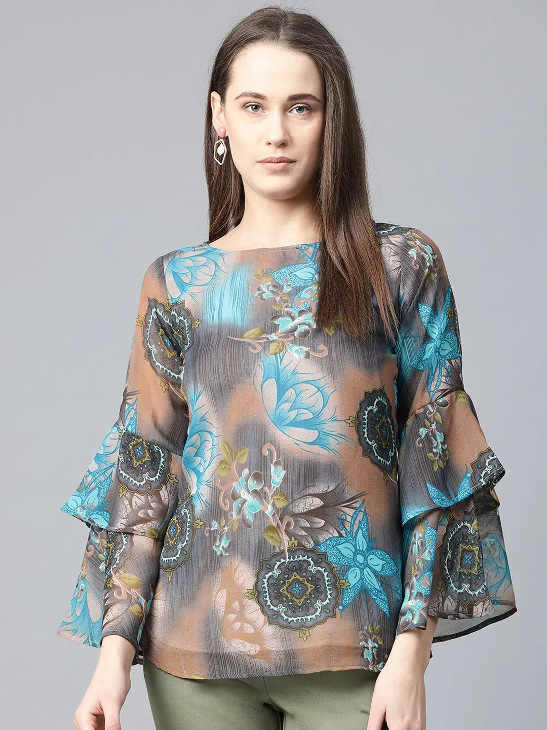 DesiQlo Women Grey & Blue Printed Top ( JOT 7008 Blue )