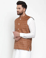 Men Brown Checked Nehru Jacket ( JOWC 4003 Brown)-JOWC-4003