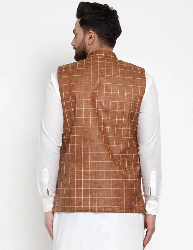 Men's Brown Checked Nehru Jacket | Nehru Jackets For Weddings