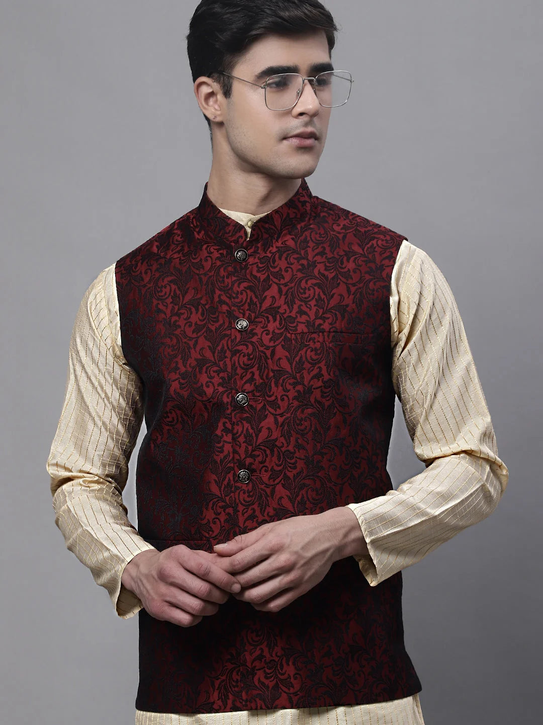 Maroon Woven Jacquard Waistcoat for Men | Nehru Collar