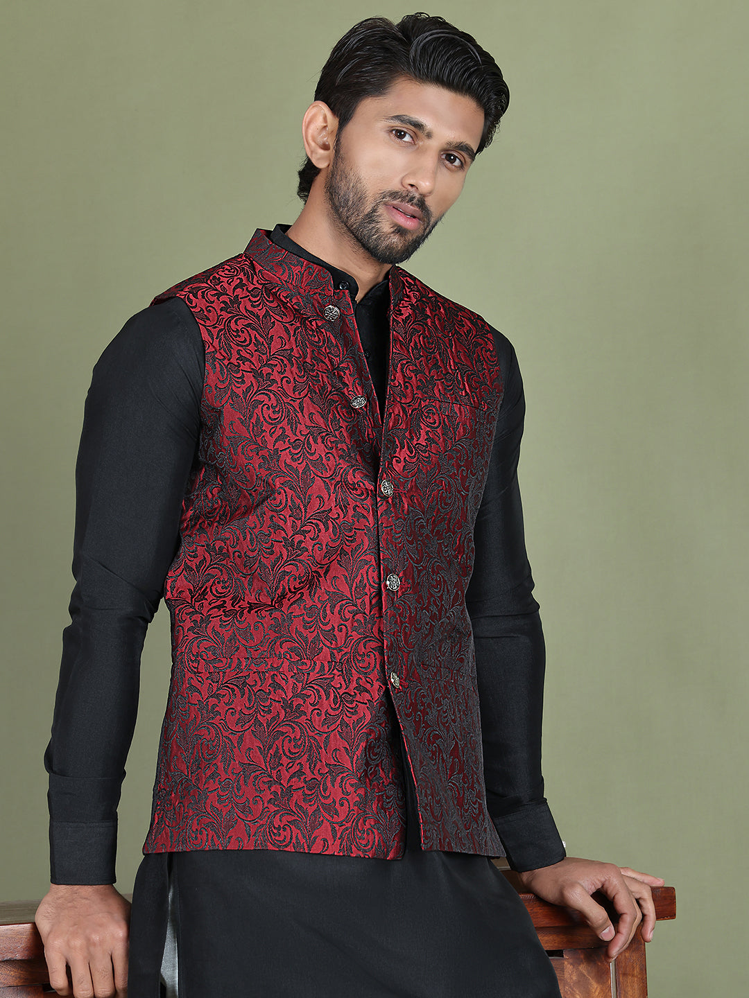 DesiQlo Men Woven Design Men Waistcoat Nehru Jacket - Maroon