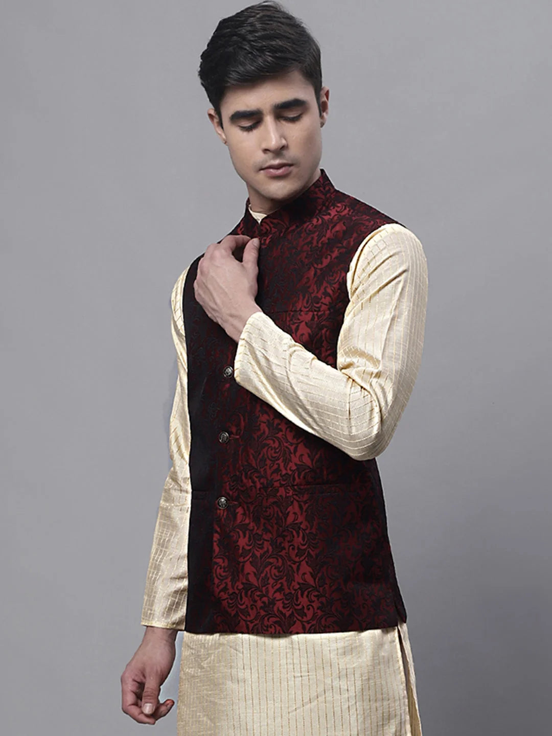 Maroon Woven Jacquard Waistcoat for Men | Nehru Collar
