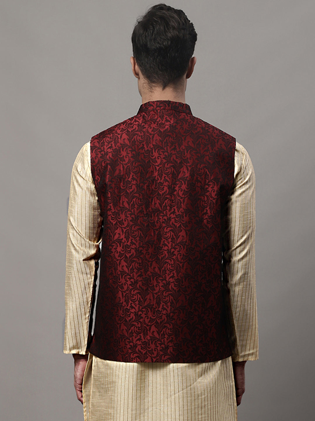 Maroon Woven Jacquard Waistcoat for Men | Nehru Collar