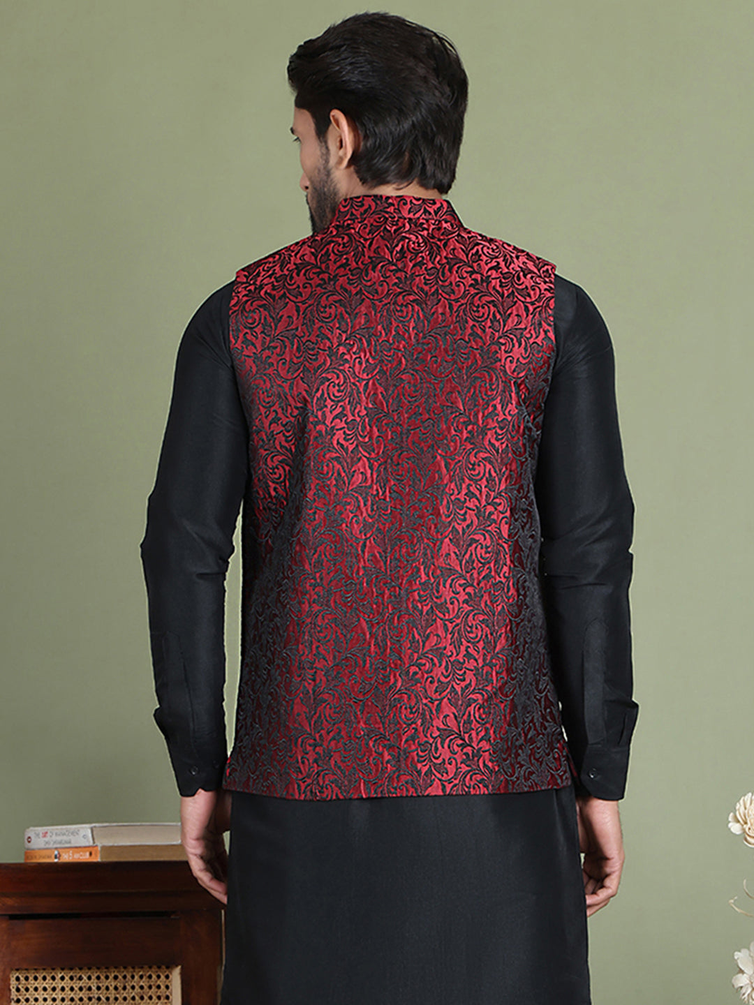 DesiQlo Men Woven Design Men Waistcoat Nehru Jacket - Maroon