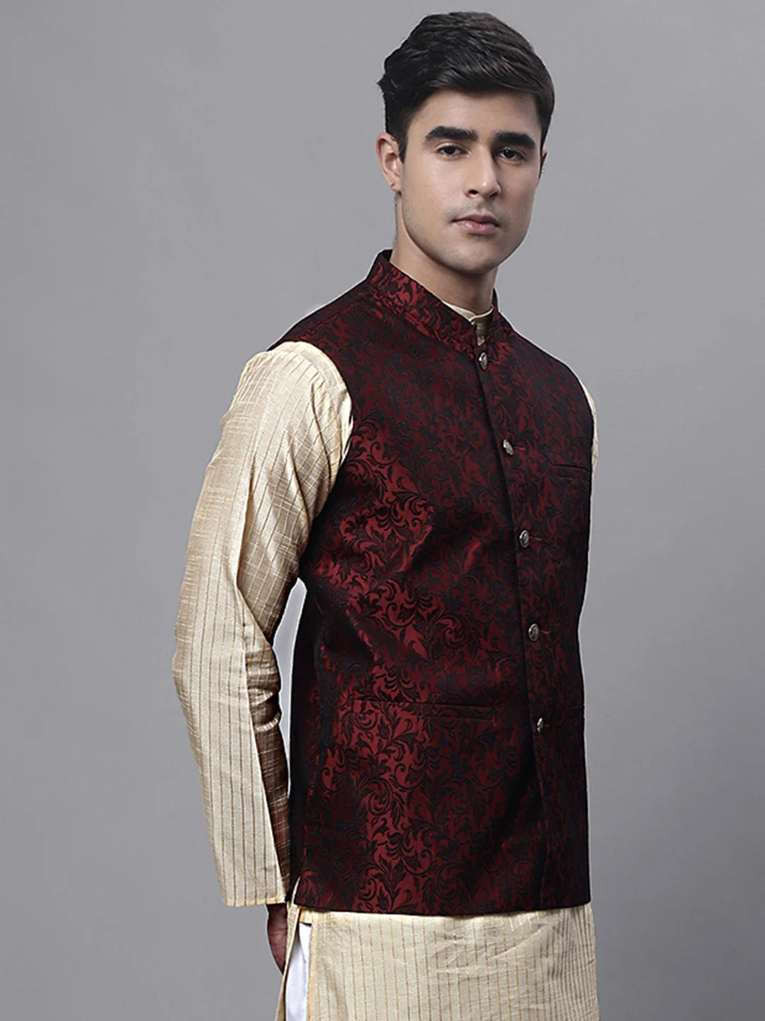 Maroon Woven Jacquard Waistcoat for Men | Nehru Collar
