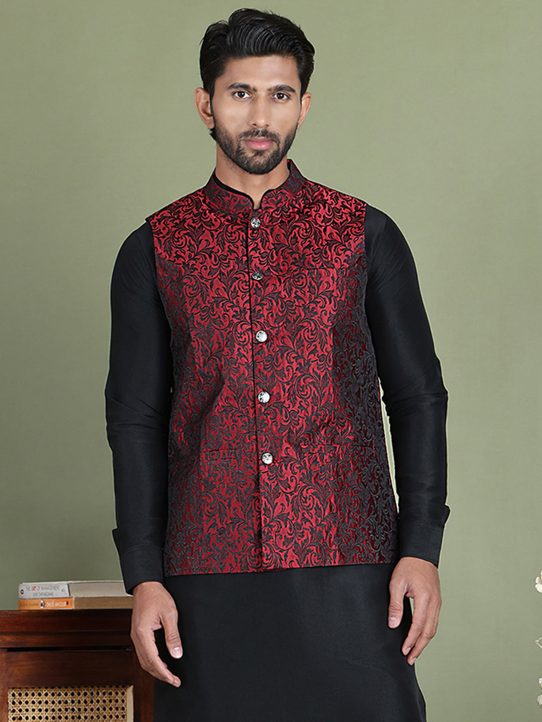 DesiQlo Men Woven Design Men Waistcoat Nehru Jacket - Maroon