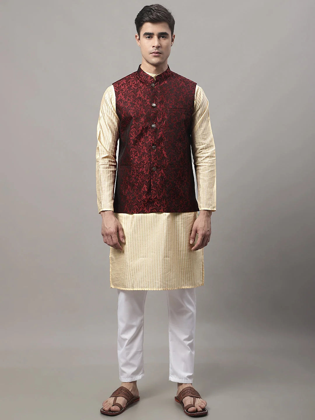 Maroon Woven Jacquard Waistcoat for Men | Nehru Collar