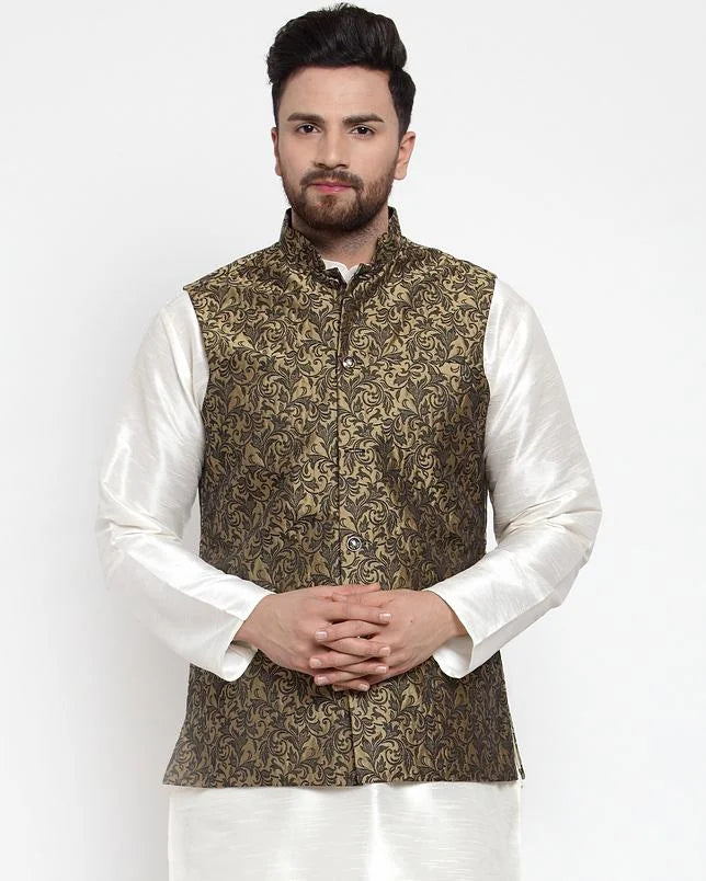 Gold & Black Woven Nehru Jacket - Men's Modi Jacket | JOWC-4004