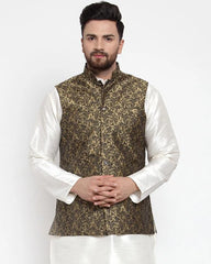 Men Gold-Coloured & Black Woven Design Nehru Jacket ( JOWC 4004 Golden)-JOWC-4004