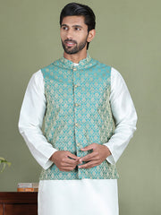 Woven Design Nehru Jacket For Men ( JOWC 4005Green )