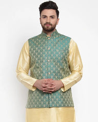 Men Green-Coloured & Golden Woven Design Nehru Jacket ( JOWC 4005 Green)-JOWC-4005