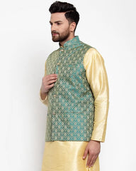 Men Green-Coloured & Golden Woven Design Nehru Jacket ( JOWC 4005 Green)-JOWC-4005