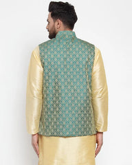 Men Green-Coloured & Golden Woven Design Nehru Jacket ( JOWC 4005 Green)-JOWC-4005