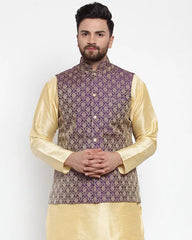 Men Purple-Coloured & Golden Woven Design Nehru Jacket ( JOWC 4005 Purple)-JOWC-4005