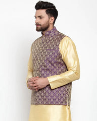 Men Purple-Coloured & Golden Woven Design Nehru Jacket ( JOWC 4005 Purple)-JOWC-4005