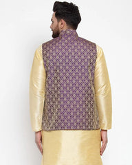 Men Purple-Coloured & Golden Woven Design Nehru Jacket ( JOWC 4005 Purple)-JOWC-4005