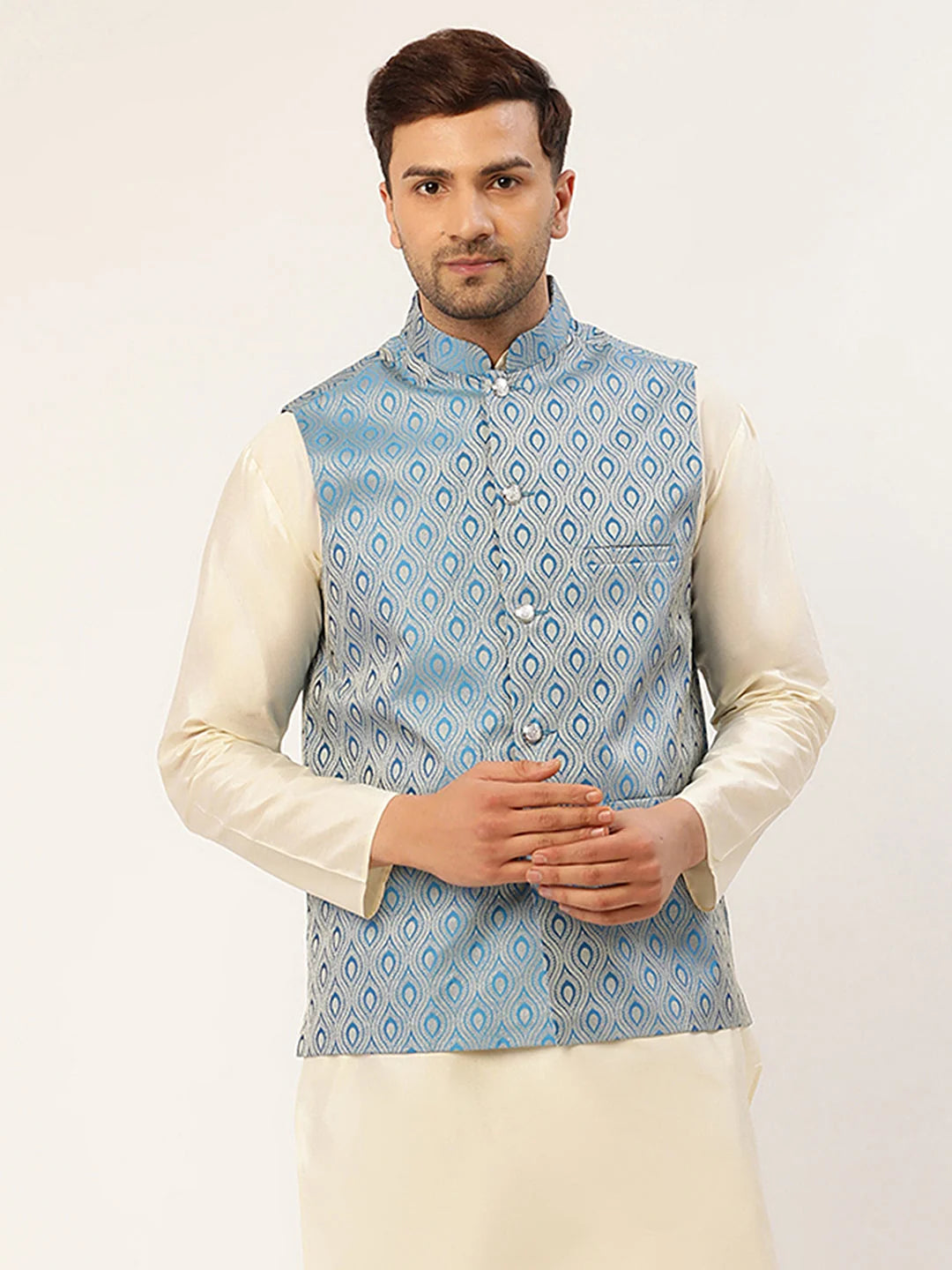 Men Sky Blue Woven Design Waistcoat-JOWC-4006Sky