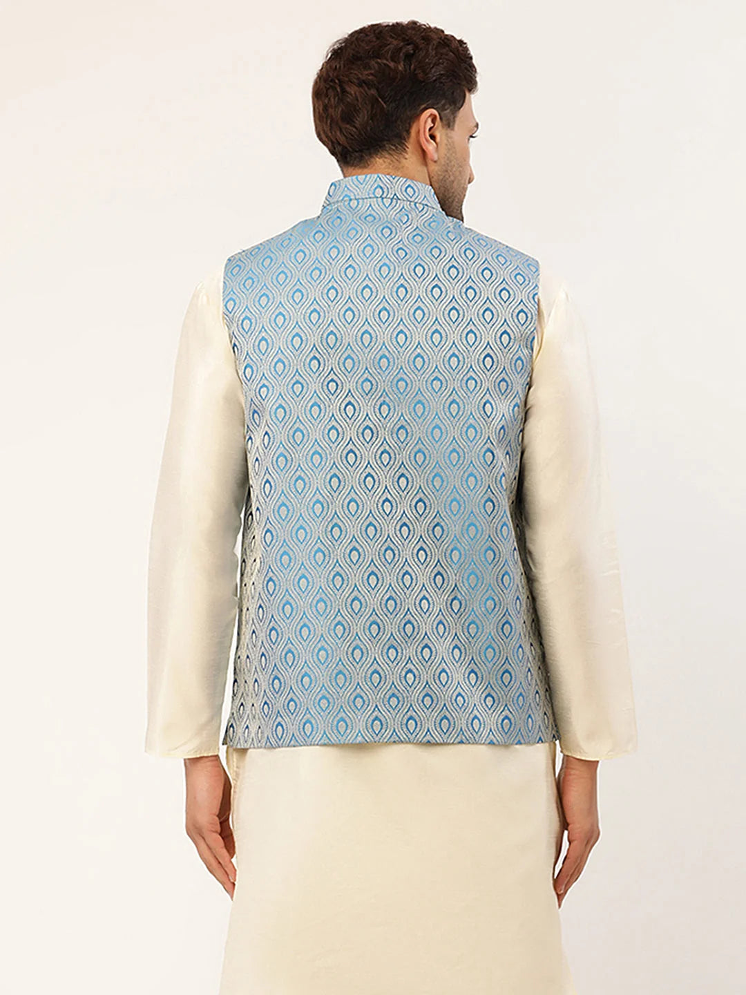 Sky Blue Woven Design Cotton Nehru Jacket - Men's Ethnic Wear
