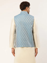 Men Sky Blue Woven Design Waistcoat-JOWC-4006Sky