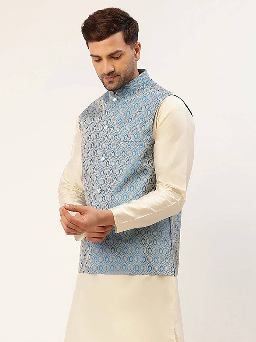 Sky Blue Woven Design Cotton Nehru Jacket - Men's Ethnic Wear