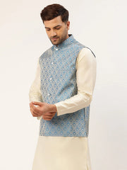 Men Sky Blue Woven Design Waistcoat-JOWC-4006Sky