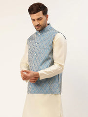 DesiQlo Men Sky Blue Woven Design Nehru Jacket ( JOWC 4006 Sky )