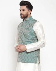 Men Green Woven Design Nehru Jacket ( JOWC 4006 Green)-JOWC-4006