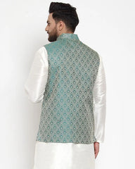 Men Green Woven Design Nehru Jacket ( JOWC 4006 Green)-JOWC-4006