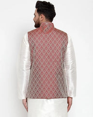 Men Maroon Woven Design Nehru Jacket ( JOWC 4006 Maroon)-JOWC-4006