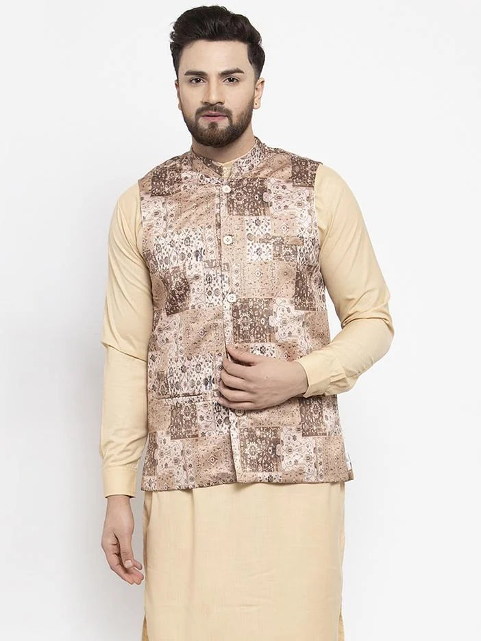 Beige Printed Nehru Jacket - Indian Nehru Jackets for Men