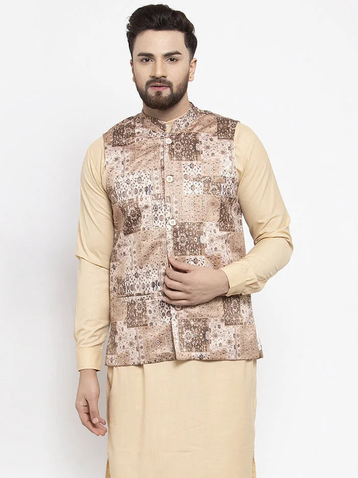 Beige Printed Nehru Jacket | Men's Ethnic Nehru Jackets Online