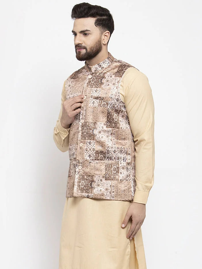 Beige Printed Nehru Jacket | Men's Ethnic Nehru Jackets Online