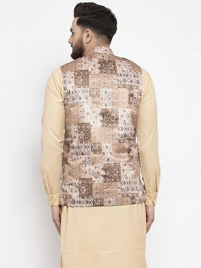 Beige Printed Nehru Jacket - Indian Nehru Jackets for Men