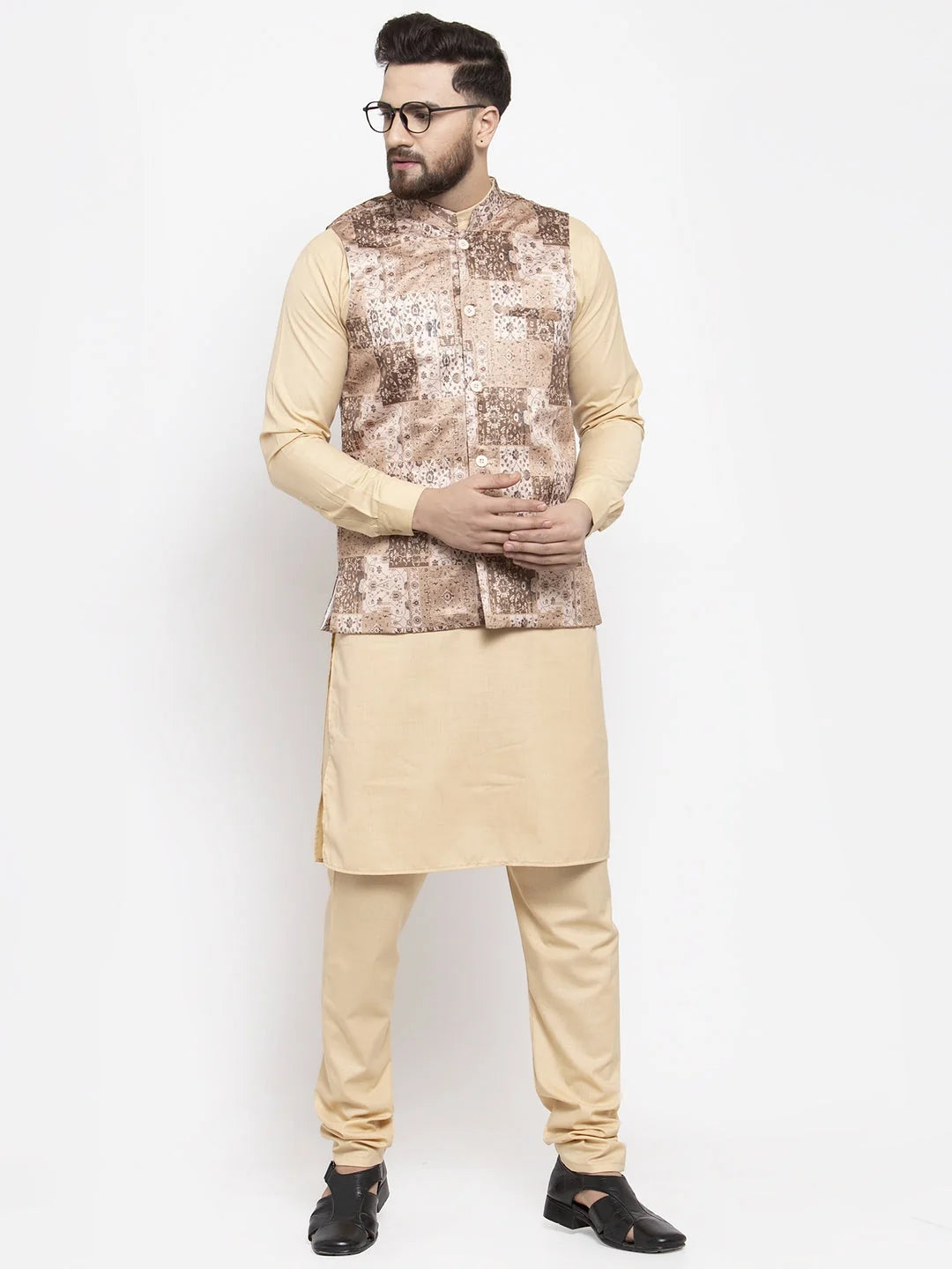 Beige Printed Nehru Jacket | Men's Ethnic Nehru Jackets Online