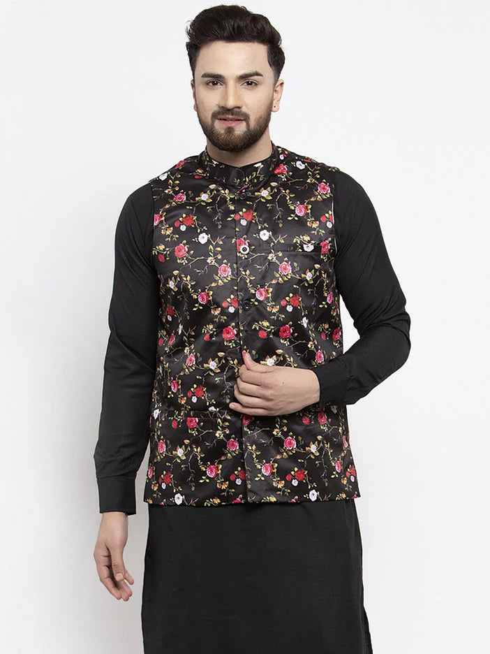 Black Printed Nehru Jacket | Stylish Nehru Jacket with Kurta