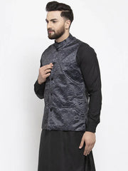 Men Charcoal Grey Printed Satin Nehru Jacket ( JOWC 4007 Charcoal)-JOWC-4007