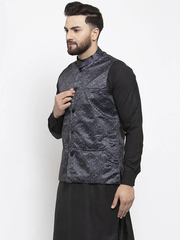 Grey Printed Nehru Jacket | Nehru Jackets for Weddings & Events