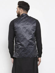 Men Charcoal Grey Printed Satin Nehru Jacket ( JOWC 4007 Charcoal)-JOWC-4007