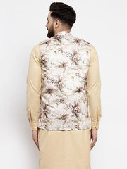 Men Cream Printed Satin Nehru Jacket ( JOWC 4007 Cream )-JOWC-4007