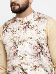 Men's Cream Printed Nehru Jacket