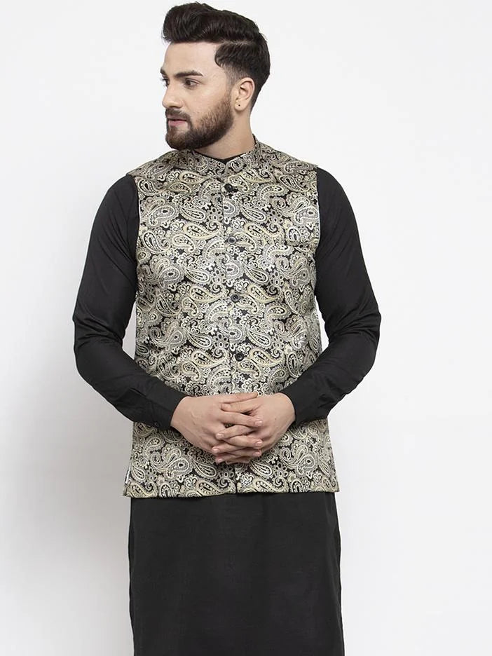 Golden Printed Nehru Jacket - Men's Ethnic Wear for Weddings