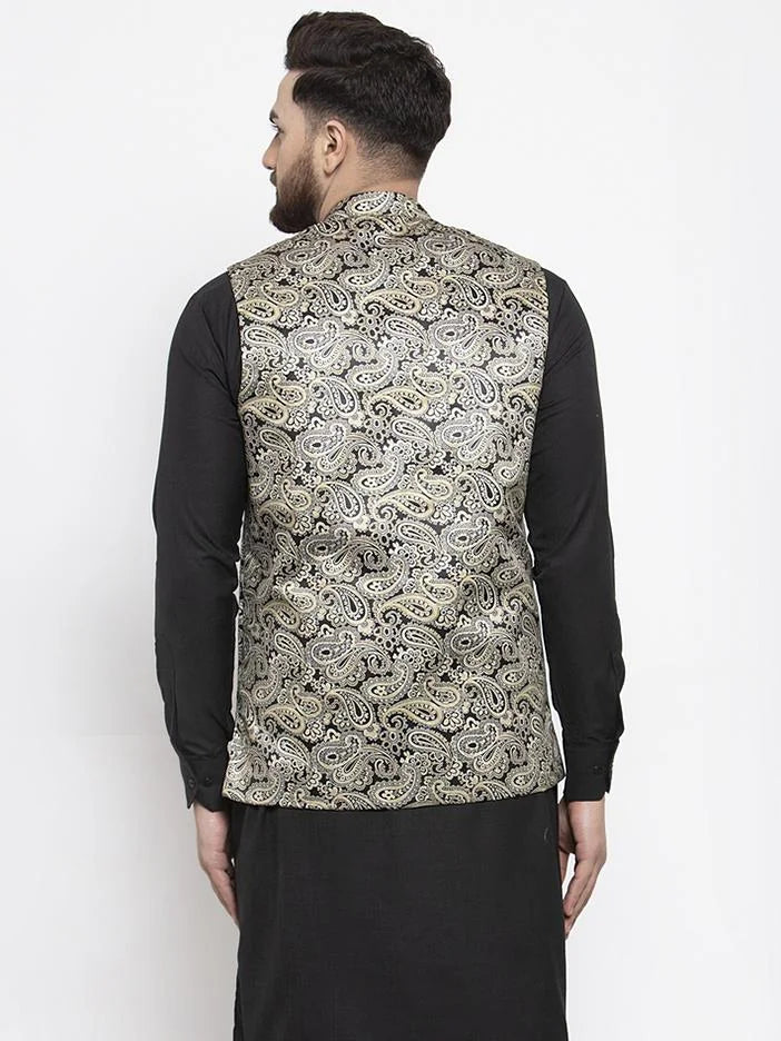 Golden Printed Nehru Jacket - Men's Ethnic Wear for Weddings