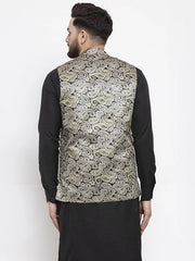 Men Golden Printed Satin Nehru Jacket ( JOWC 4007 Golden)-JOWC-4007